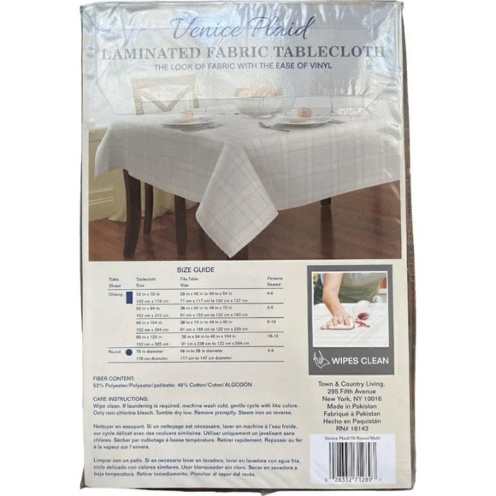 Venice Plaid Laminated Fabric Tablecloth Wipes Clean Resists Stain 70